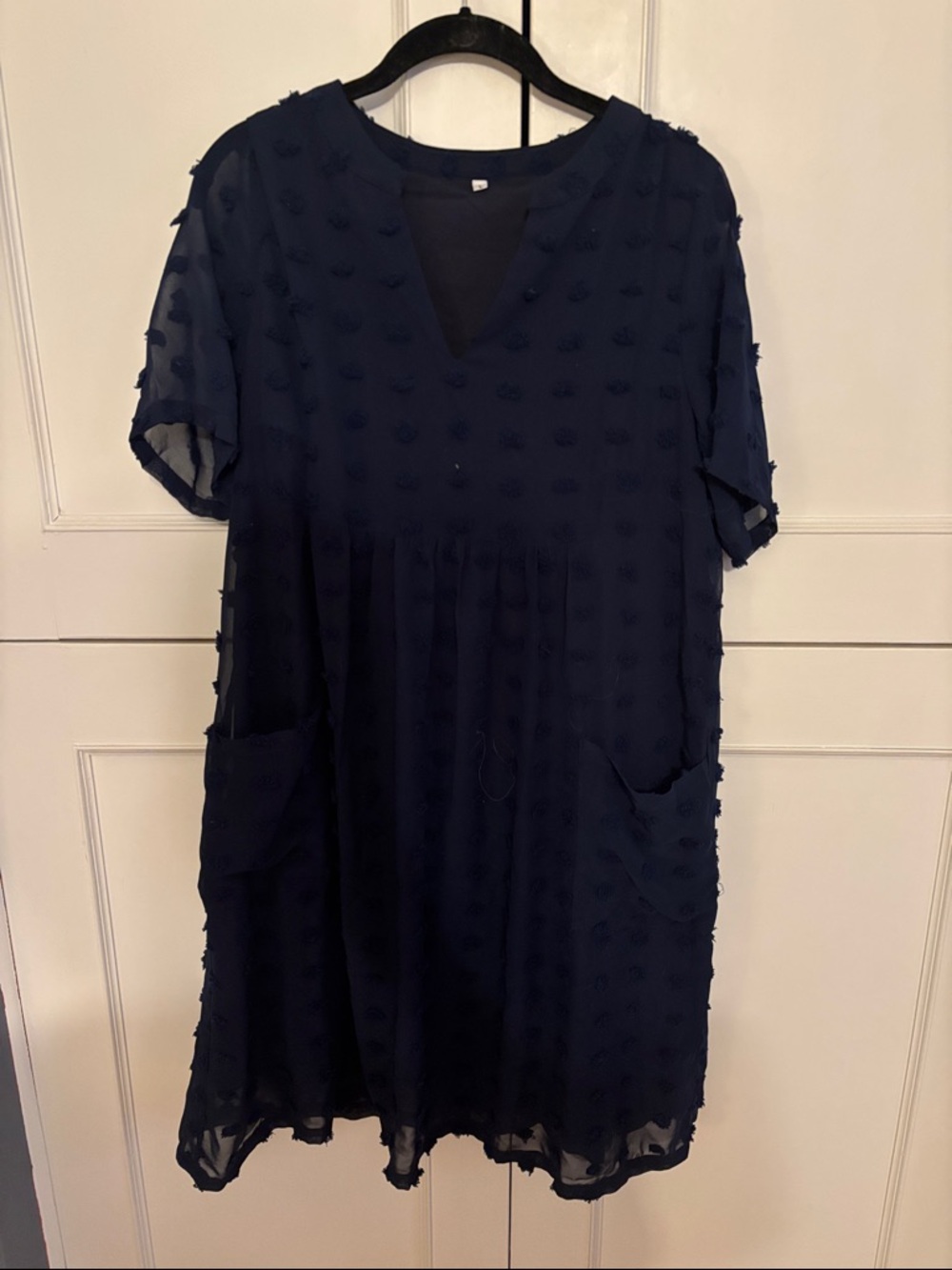 Navy Swiss Dot V-Neck Shift Dress with Pockets